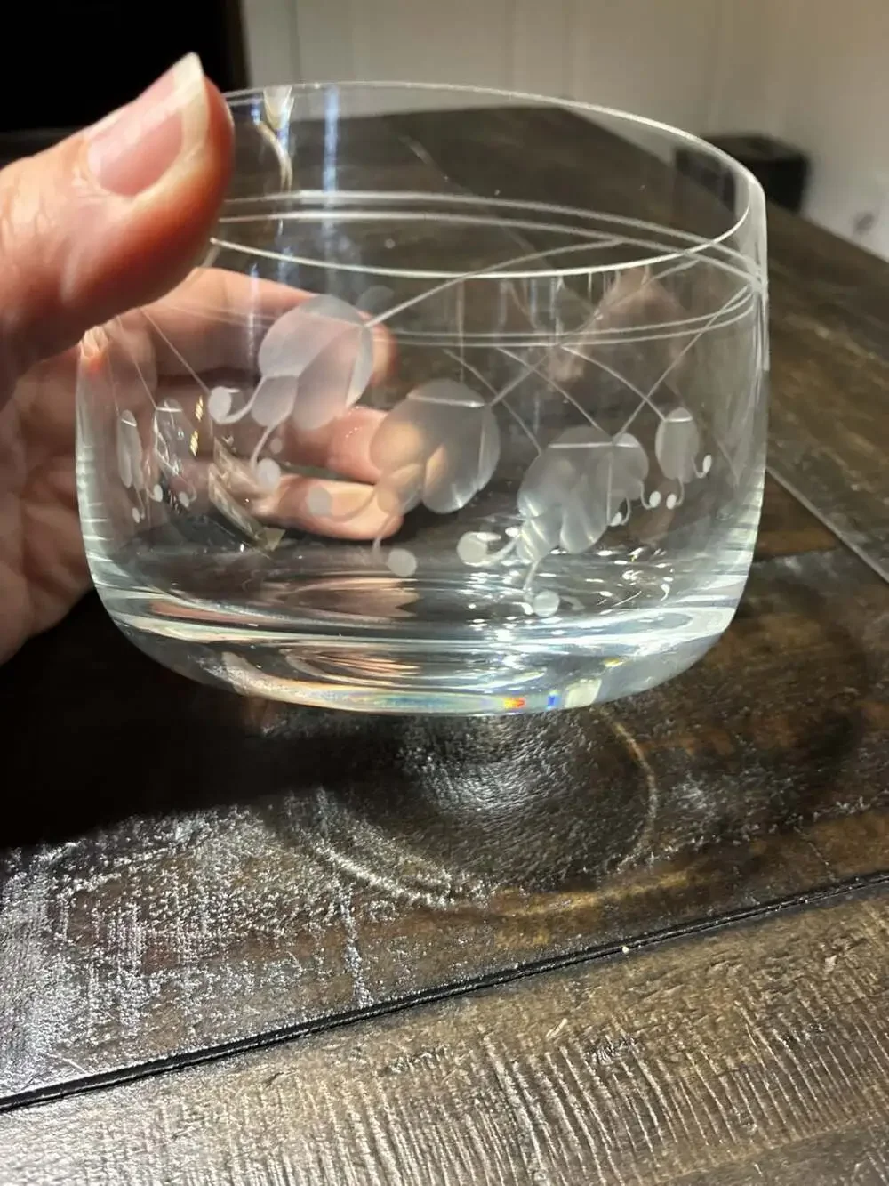 Toscany Vintage Hand Blown Cut Glass Bowl Etched Floral Flowers